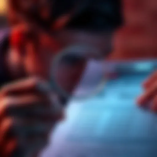 A person examining their credit report with a magnifying glass, showing hard and soft pull icons next to it.