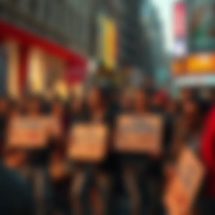 A group of people debating passionately about modern banking practices, some holding signs with anti-bank slogans, in a lively urban setting.
