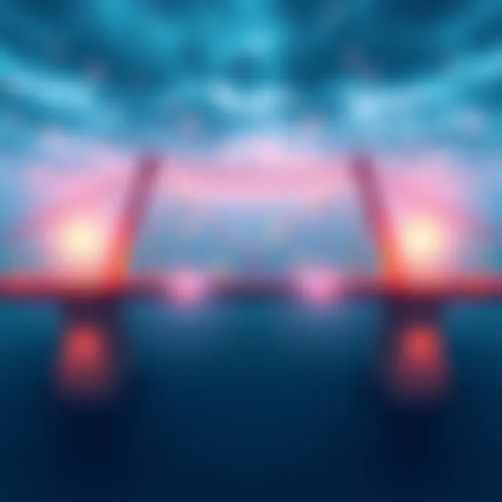 A visual representation of a secure cross-chain bridge connecting different blockchain networks, highlighting multiple providers and transaction paths.