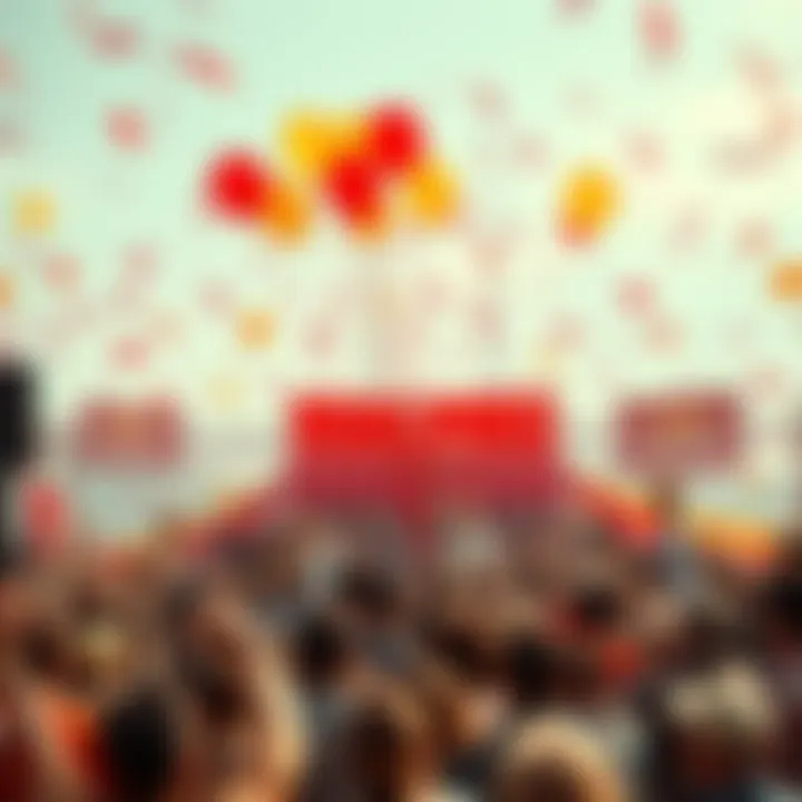 Large group of people celebrating together at an outdoor party with balloons and banners
