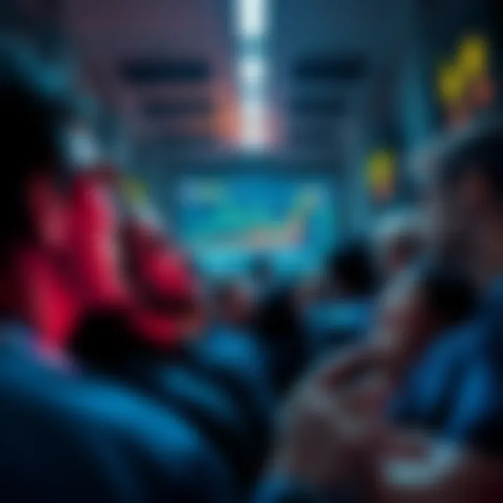 A group of people intensely watching screens showing Ponzi token charts, ignoring their surroundings and reality, with expressions of excitement and distraction.