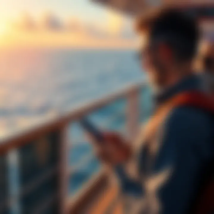 A traveler on a cruise ship looking at their phone while enjoying the ocean view, pondering Wi-Fi login issues.