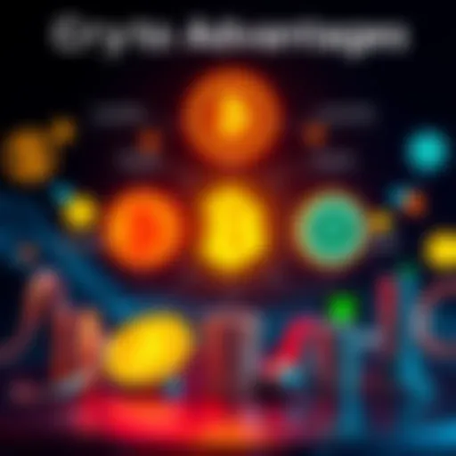 A graphic showing the benefits of cryptocurrency, including lower fees and international transfers, with symbols representing different assets and ownership.