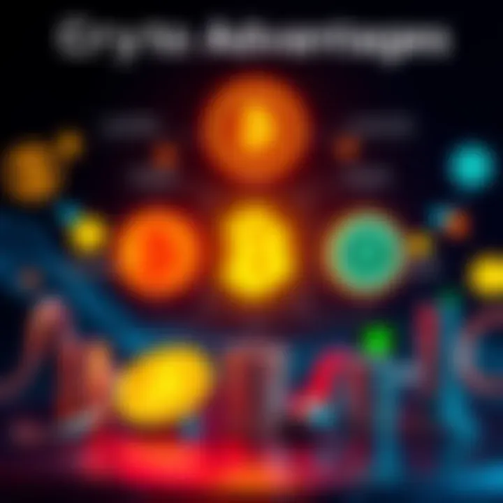 Crypto Advantages A graphic showing the benefits of cryptocurrency, including lower fees and international transfers, with symbols representing different assets and ownership.