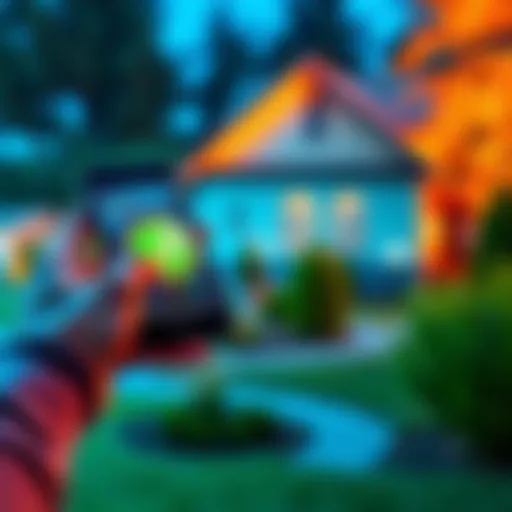 A person holding a digital asset on a phone while looking at a house, symbolizing crypto-backed mortgage options.