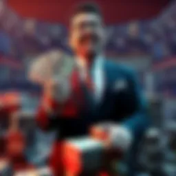 A crypto billionaire in a suit surrounded by stacks of cash and political campaign posters, symbolizing monetary influence in elections.
