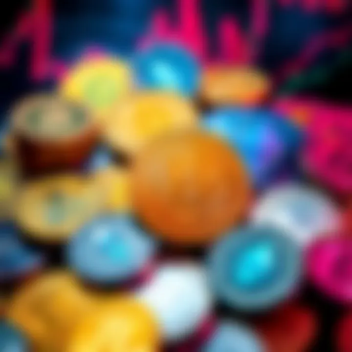 A collection of Bitcoin, Ethereum, and other cryptocurrency coins representing popular digital assets during a market sale
