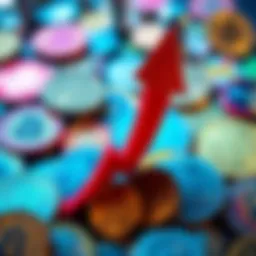 A collection of various cryptocurrency coins with an upward trend arrow symbolizing potential gains, representing quick investment options.