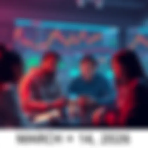 A group of people engaging in a cryptocurrency discussion, with charts and digital coin images visible on their devices.