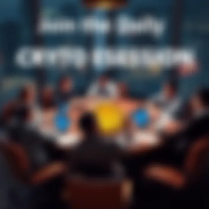 A group of people discussing cryptocurrency at a round table with laptops and notepads, emphasizing caution and information sharing.