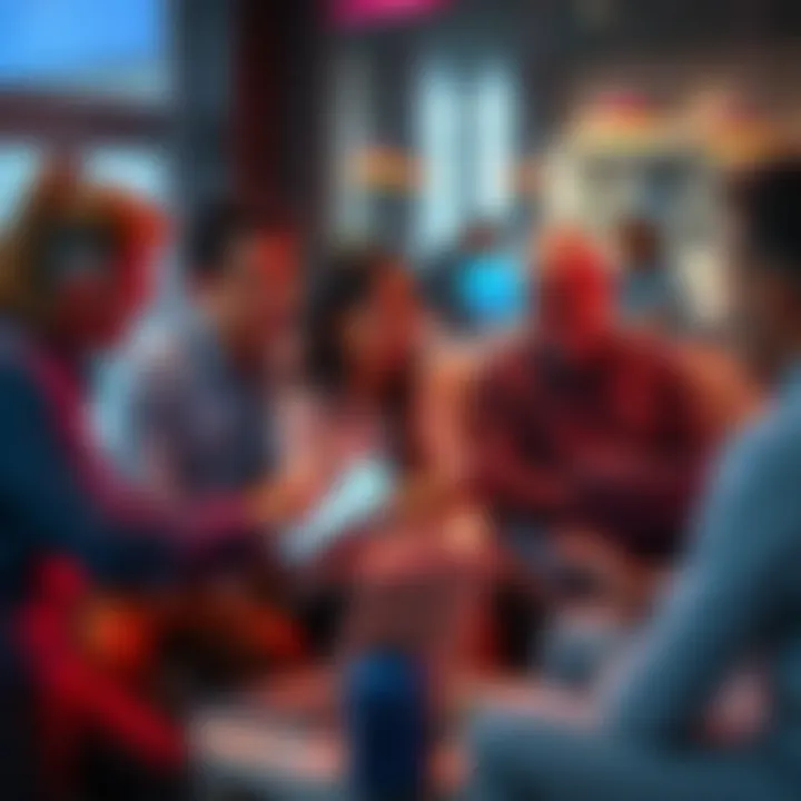 A group of people discussing cryptocurrency in a casual setting with laptops and smartphones.