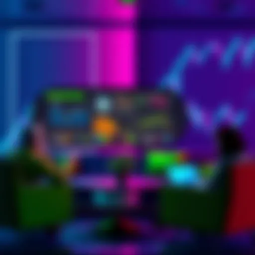 A group of people discussing cryptocurrency trends with charts and laptops in a casual setting