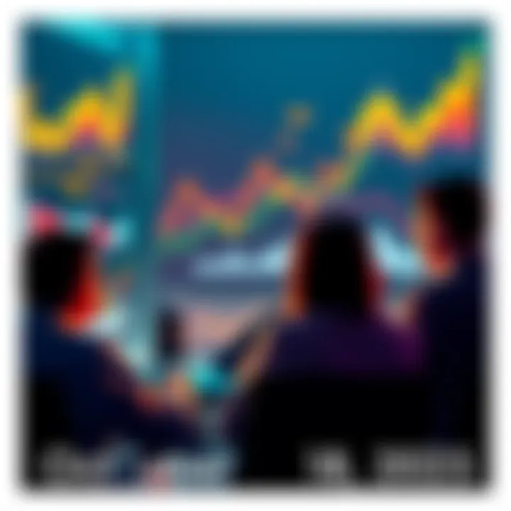 A group of people discussing cryptocurrency trends with charts and graphs in the background