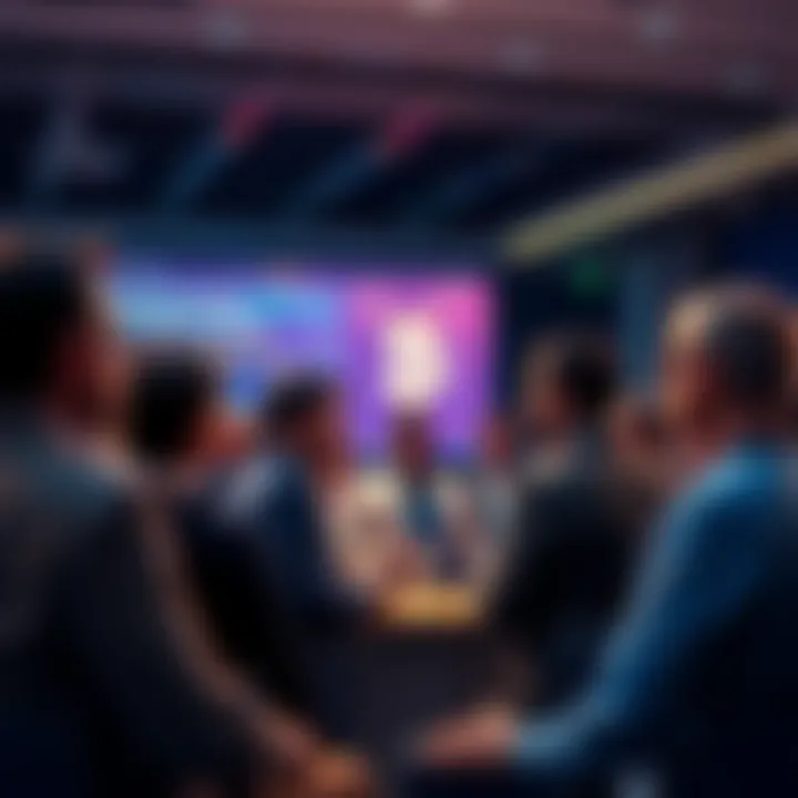 Group of people engaged in a conversation about cryptocurrency investments at a financial seminar