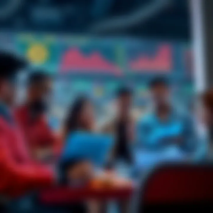 A group of diverse individuals discussing ways to earn in cryptocurrency with charts and laptops