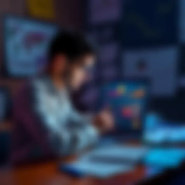 A person looking at various online educational resources about cryptocurrency on their laptop, surrounded by charts and notes.