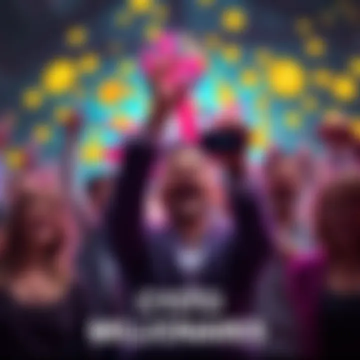A group of people celebrating their financial success from cryptocurrency investments in the UK, with a backdrop of digital currency symbols.