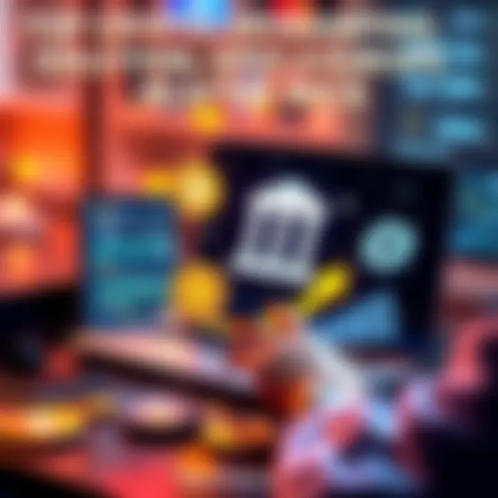 A person using a laptop to transfer cryptocurrency to a bank account, with symbols of cryptocurrencies and bank logos around.