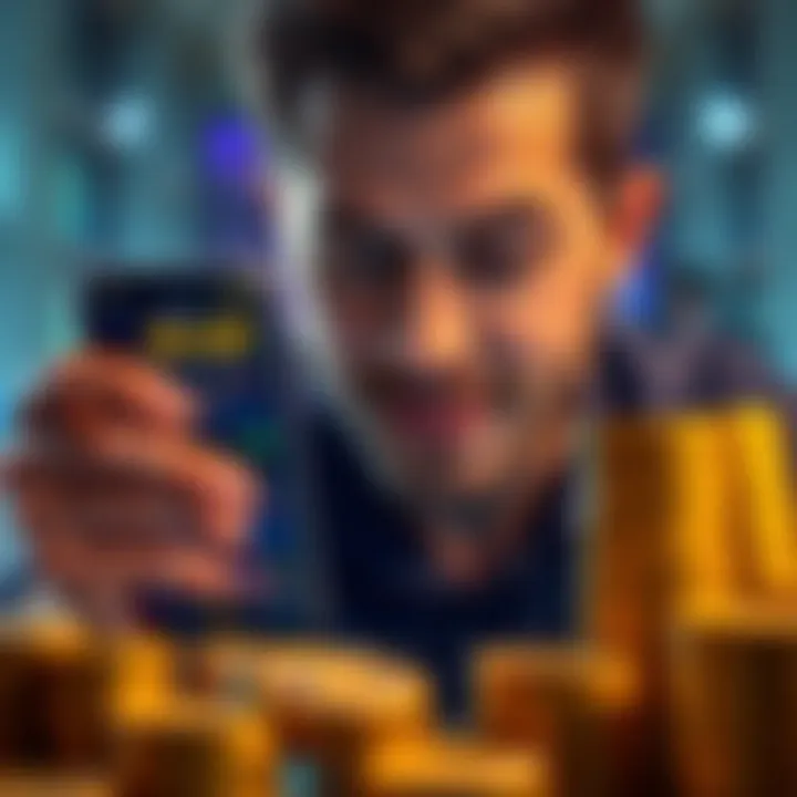 A person looking at a smartphone displaying falling cryptocurrency charts, with a hopeful expression, surrounded by stacks of coins.