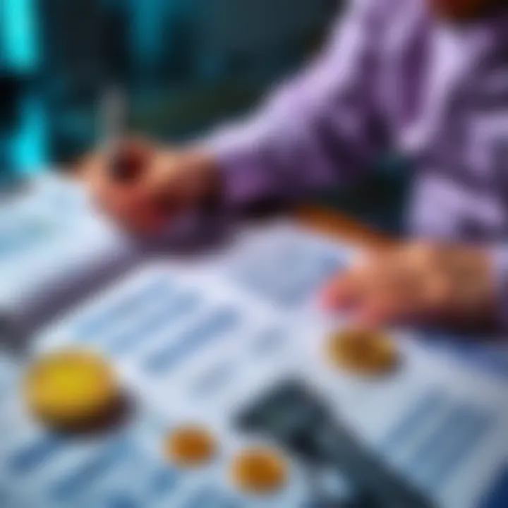 A person reviewing financial documents with cryptocurrency symbols and tax forms spread on a table.