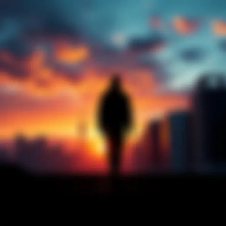 A silhouette of a person walking towards a city skyline at sunset, symbolizing the choice to leave society behind after gaining cryptocurrency wealth.
