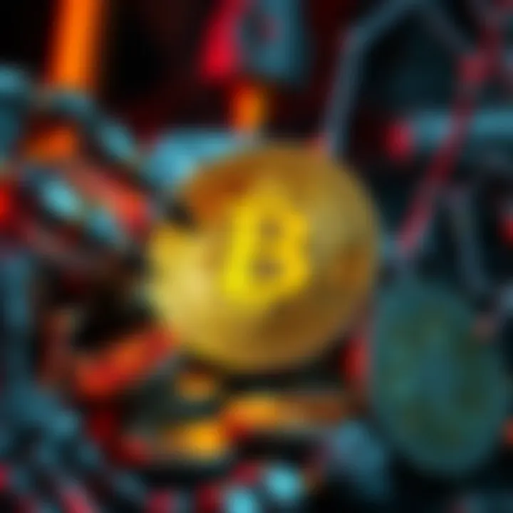 Crypto and AI Technology A digital representation showing cryptocurrency coins overshadowed by robotic elements symbolizing AI advancements