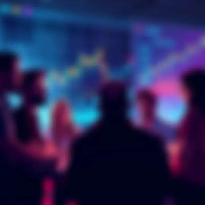 A group of crypto enthusiasts discussing altcoin trends with charts and graphs in the background.