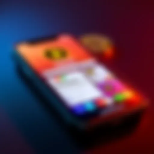 A smartphone displaying various cryptocurrency apps for buying with Apple Pay or a credit card, highlighting user-friendly interfaces.