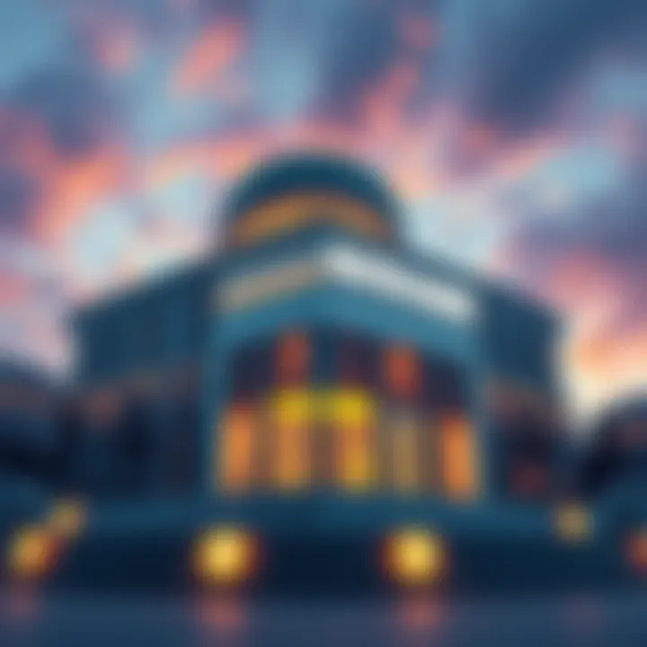 A modern crypto bank building with a sleek design and digital currency symbols around it, representing new financial opportunities.