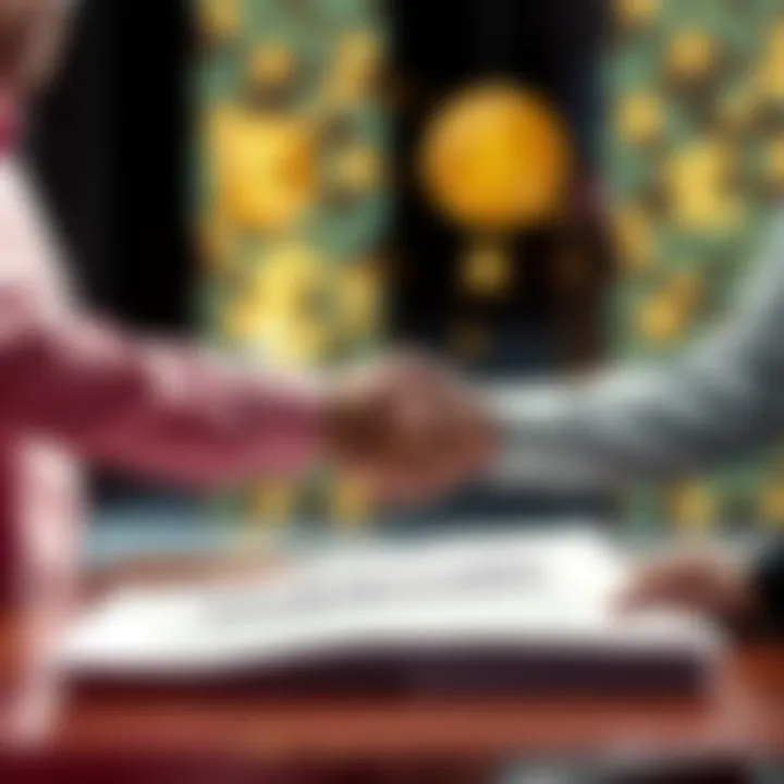 A group of crypto bank representatives shaking hands over a document titled 'Stablecoin Regulations' with digital currency symbols in the background.