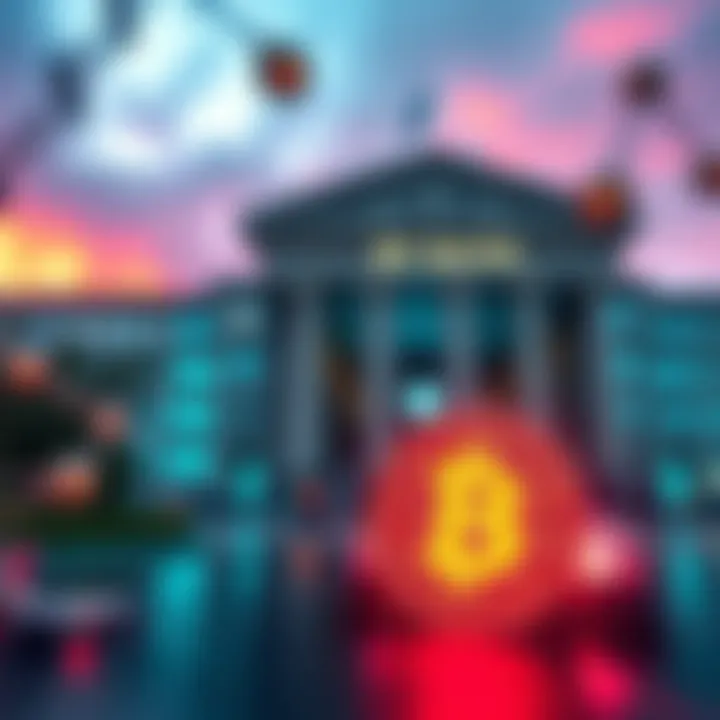 A bank building in the background with cryptocurrency symbols in the foreground, representing the tension between traditional banking and digital currency.
