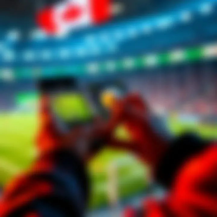 A person looking at a smartphone displaying cryptocurrency betting options for the World Cup, with soccer imagery in the background.