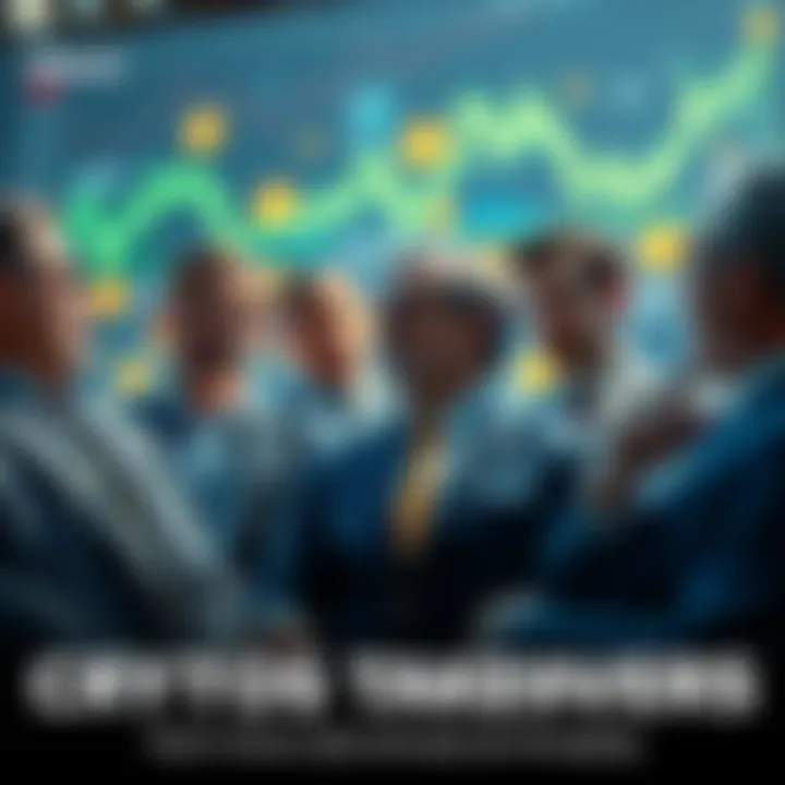 A group of wealthy individuals in business suits discussing cryptocurrency and its influence on democracy, with charts and digital coins in the background