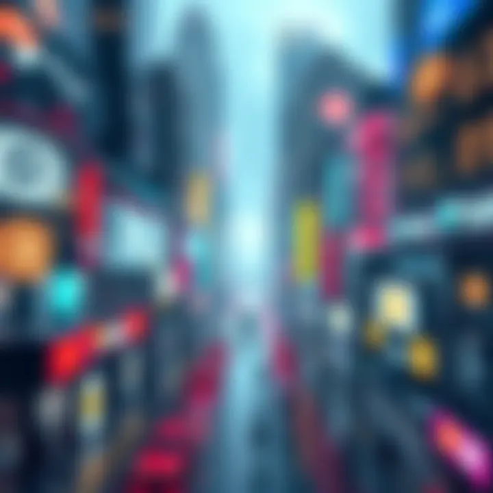 A futuristic city with cryptocurrency symbols blending into everyday life, showing technology's impact on various industries.