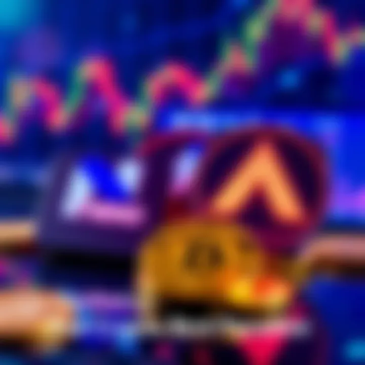 Illustration showing Nexo and Aave logos with cryptocurrency symbols and a background of financial charts.