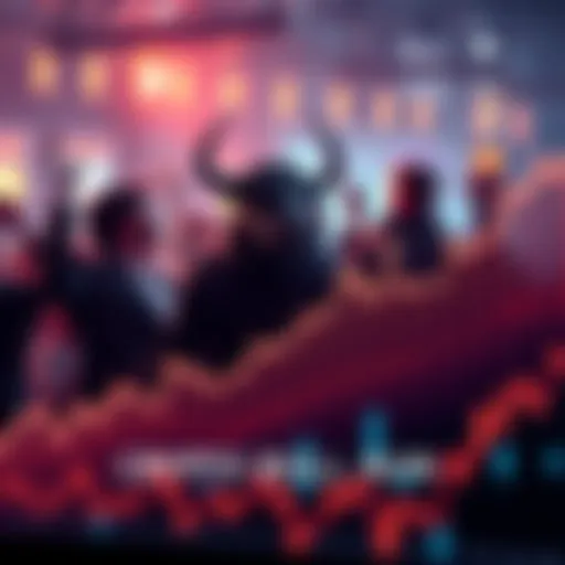 A graph showing a steep upward trend in cryptocurrency values with excited investors in the background