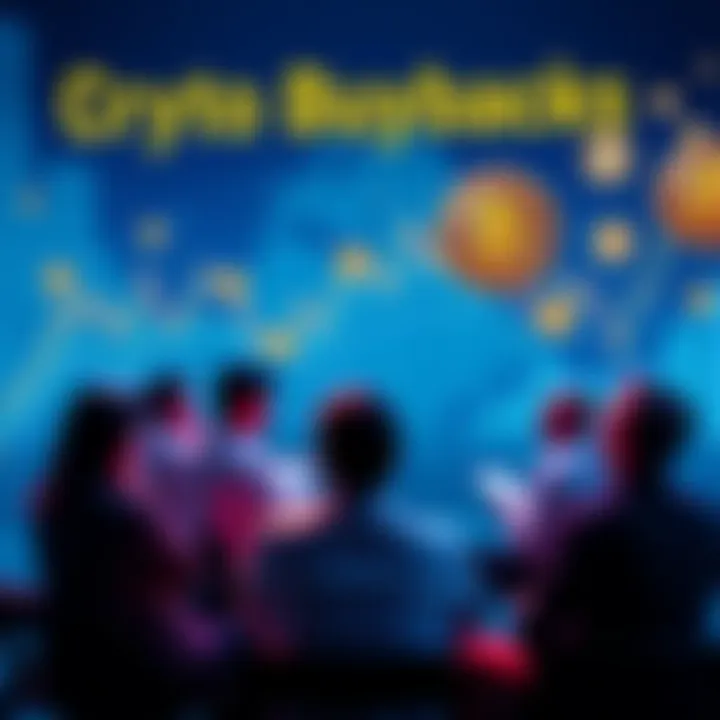 A group of people engaged in a discussion about cryptocurrency buybacks, with charts and digital currency symbols in the background.