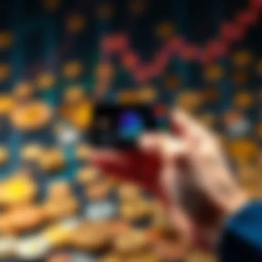 A hand holding a crypto card with various digital coins in the background, symbolizing modern banking solutions.