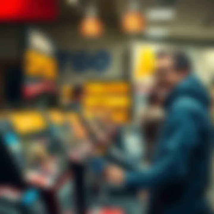A person making a payment with a crypto card at a checkout counter, looking satisfied