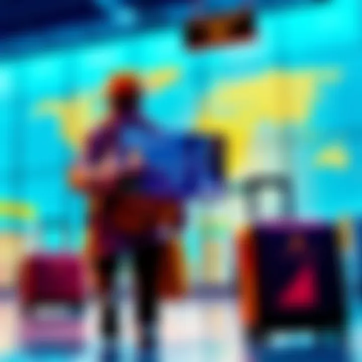 A traveler holding a crypto card at an airport, with a suitcase and a world map in the background.