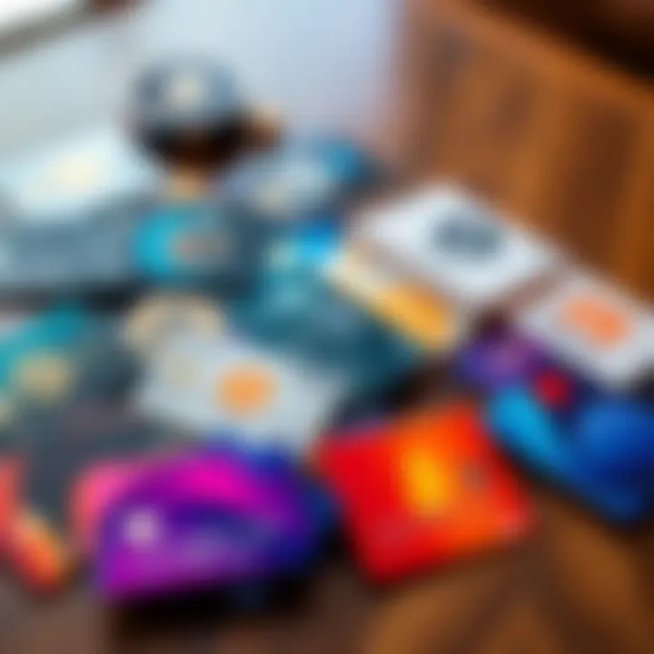 A collection of various crypto cards laid out on a table, showcasing different designs and logos. Ideal for making transactions in Europe.