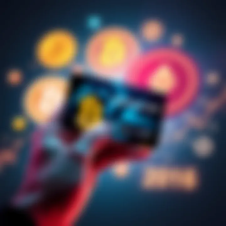 A hand holding a crypto card with symbols of cryptocurrencies like BTC and USDT in the background