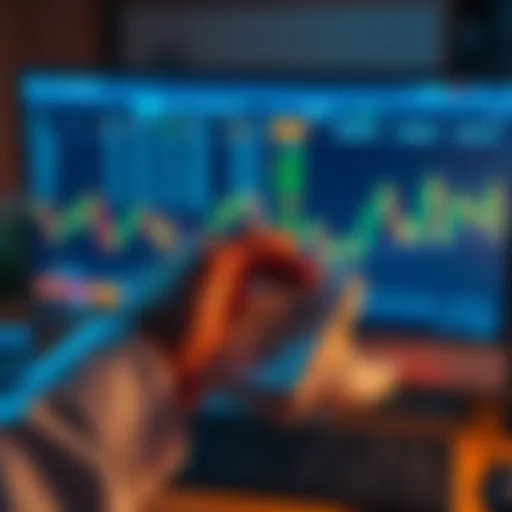A person counting cash after selling cryptocurrency, with a computer displaying a crypto exchange in the background