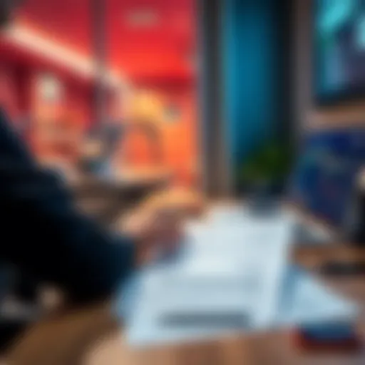 A person at a desk reviewing options for converting cryptocurrency to GBP, with a bank statement and a laptop open showing crypto prices