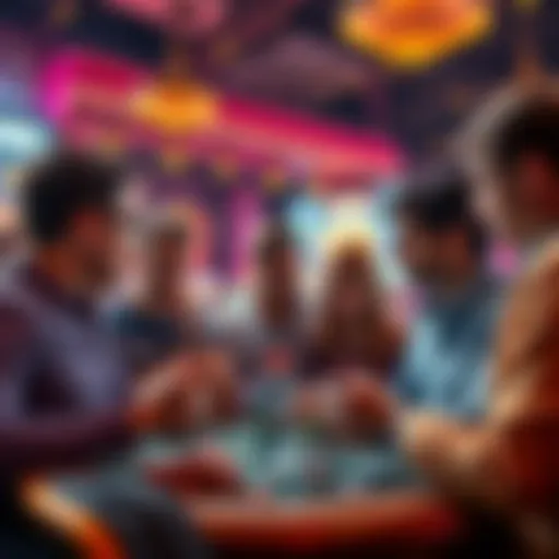 A group of people sharing ideas about desired features for a new cryptocurrency casino, with gaming elements in background