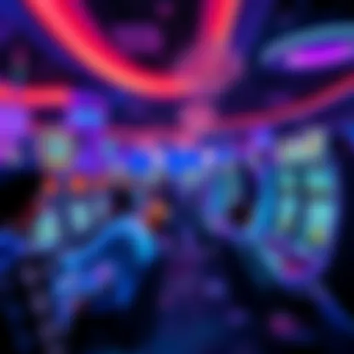 A vibrant scene showing people enjoying games at a crypto casino, with colorful lights and fast-paced gaming action.