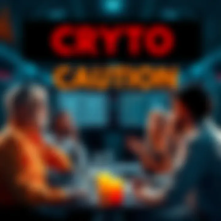 Crypto Caution Discussion A group of people discussing cryptocurrency with a focus on caution, showing warning signs and safety tips