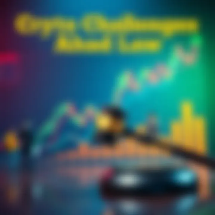 A graph showing cryptocurrency trends, with a gavel in the foreground symbolizing legal changes. Stakeholders observe the graph with concern.