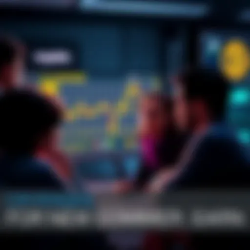 A group of people looking at a computer screen showing a fluctuating crypto graph, with concerned expressions as they discuss potential scams and fees.