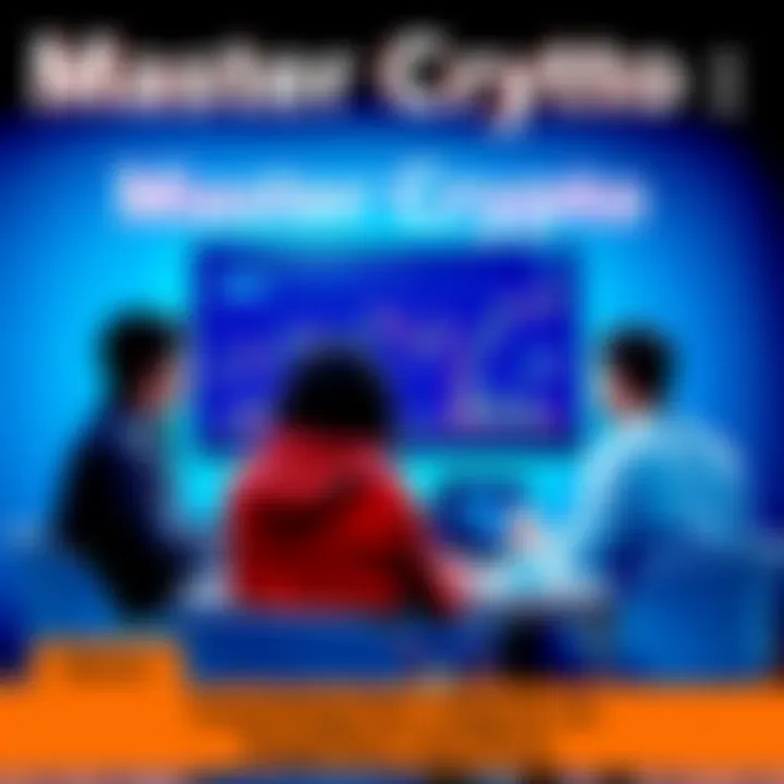 Group of people learning about cryptocurrency with a coach using a laptop and charts on a screen